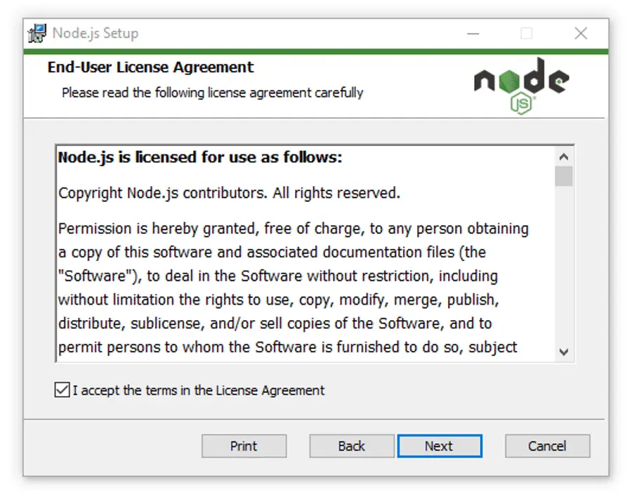 Aceptar el acuerdo de licencia de Node.js. Aceptar el acuerdo de licencia de Node.js.