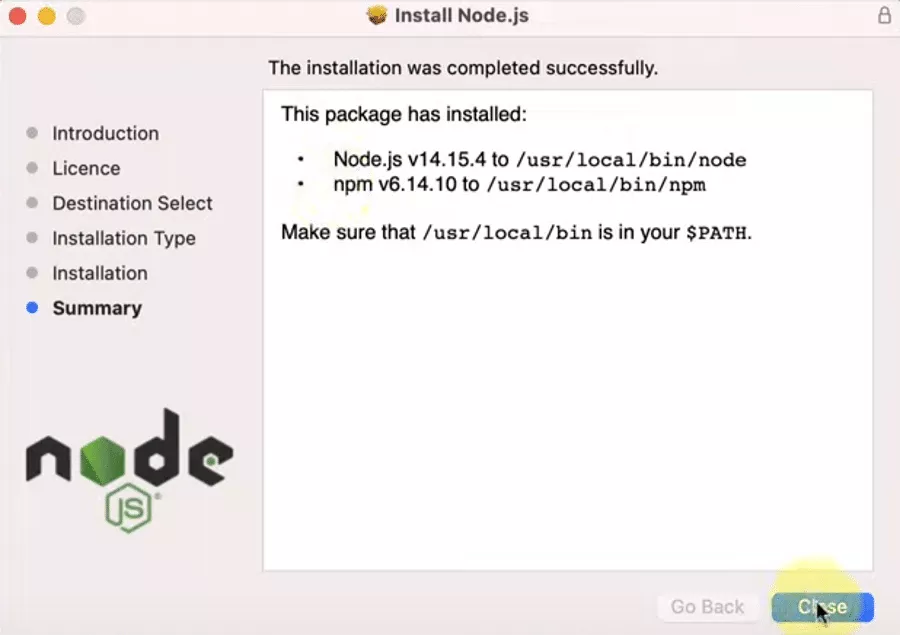 Cerrando el instalador de Node.js.