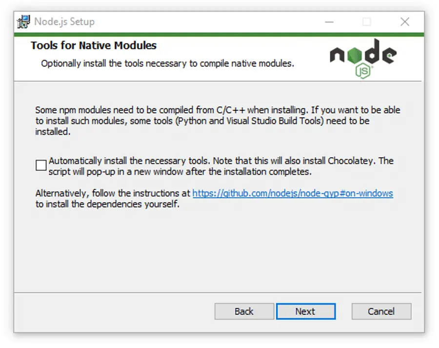 Herramientas para módulos nativos en el instalador de Node.js. Herramientas para módulos nativos en el instalador de Node.js.
