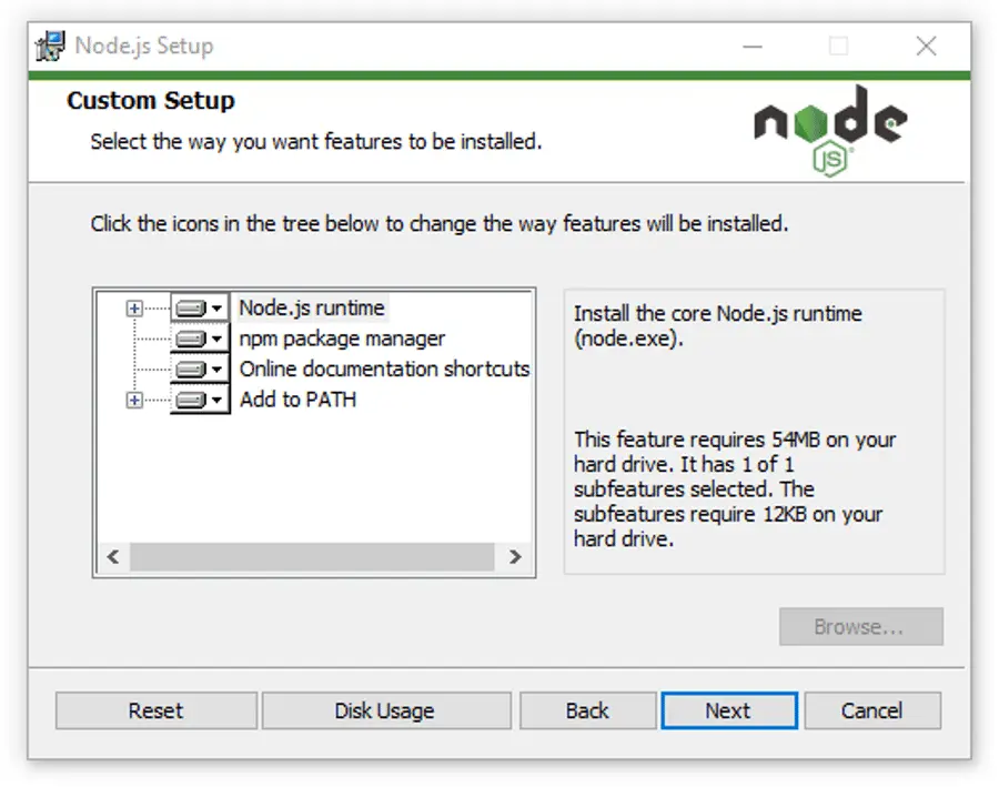 Opciones de «Configuración personalizada» en el instalador de Node.js. Opciones de «Configuración personalizada» en el instalador de Node.js.