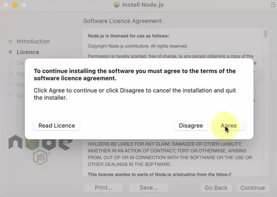 Acuerdo de licencia de instalación de Node.js en macOS. Acuerdo de licencia de instalación de Node.js en macOS.