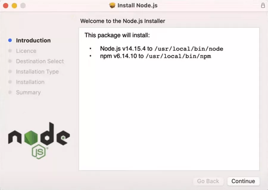 Propiedades de instalación de Node.js en macOS. Propiedades de instalación de Node.js en macOS.