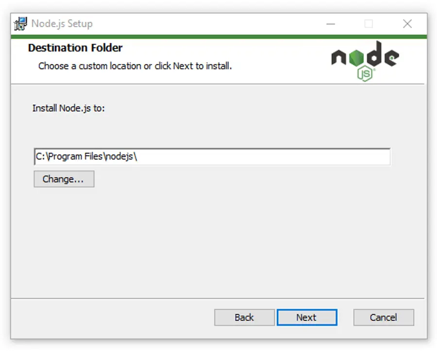 Seleccionar la carpeta de instalación de Node.js. Seleccionar la carpeta de instalación de Node.js.