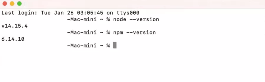 Verificación de la instalación de Node.js en macOS. Verificación de la instalación de Node.js en macOS.